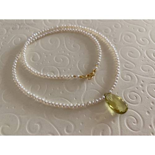 Perlenkette mit Lemon-Quarz Briolette, Zuchtperlen und Edelstein, Brautschmuck, Geschenk Frauen, Handarbeit aus Bayern