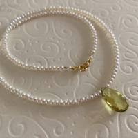 Perlenkette mit Lemon-Quarz Briolette, Zuchtperlen und Edelstein, Brautschmuck, Geschenk Frauen, Handarbeit aus Bayern Bild 1