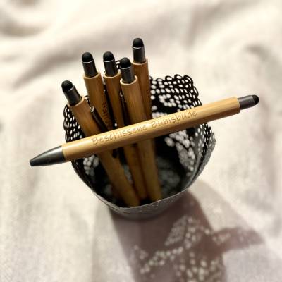 Kuli mit Spruch, lustiger Kugelschreiber mit Gravur, Bambus - Beschissene Bumsbude