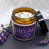 Lavendelkerze RELAX | Kerze mit Lavendelduft und Lavendelblüten | Kerze im Glas Bild 1