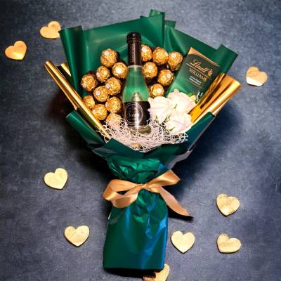 Essbarer Blumenstrauß mit Ferrero Rocher, Lindt Schokolade, Seifenrosen und Wein