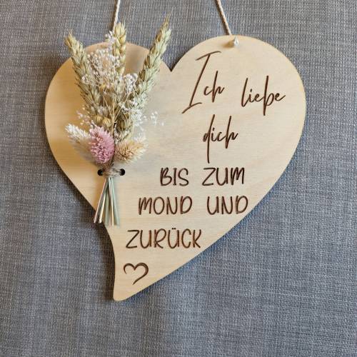 Ich liebe dich bis zum Mond und zurück, Valentinstag Geschenk, Herz mit Trockenblumen, Danke, Geschenk, Liebe, Wandschil