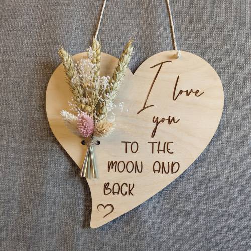 I love you to the moon and back, Valentinstag Geschenk, Herz mit Trockenblumen, Danke, Geschenk, Liebe, Wandschild, Lov