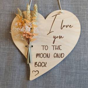I love you to the moon and back, Valentinstag Geschenk, Herz mit Trockenblumen, Danke,  Geschenk, Liebe, Wandschild, Lov Bild 4