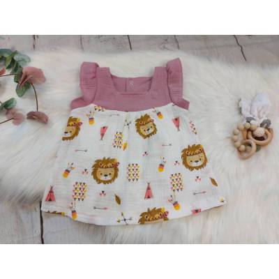 Bluse oder Kleid aus Musselin, Löwe rosa, Gr. 74-128