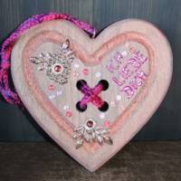 Geschenk Valentinstag ICH LIEBE DICH abstrakt gestaltetes Herz aus Holz mit Acrylfarbe im Shabby-Stil gestaltet Bild 2