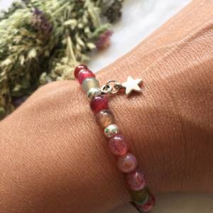 Edelsteinarmband mit Stern aus Turmalin in pink und grün, Silber Perlenarmband mit Stern, Schmuck als Geschenk für Gebur Bild 4