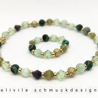 Glasperlen Schmuckset aus Armband und Ring Perlen in den Farben Grün und Gold Schmuckstück Perlenschmuck Bild 1