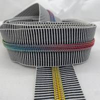 Reißverschluss Silver Stripes, breit, orangerot-weiß / Endlosreißverschluss / metallisierter Kunststoffraupe / Meterware Bild 10