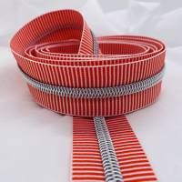 Reißverschluss Silver Stripes, breit, orangerot-weiß / Endlosreißverschluss / metallisierter Kunststoffraupe / Meterware Bild 3