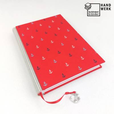 Notizbuch, Anker silber, rot blau, maritim, DIN A5, 150 Blatt