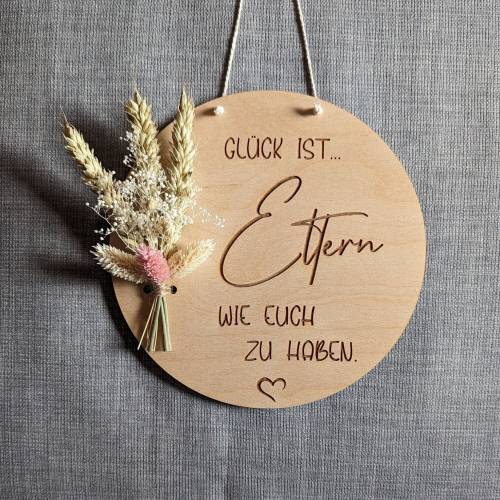 Geschenk Eltern, Danke Eltern, Wandschild mit Trockenblumen, Glück ist ... Eltern wie euch...“