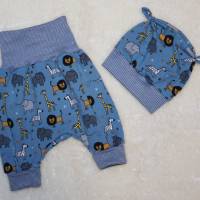 New Born Baby Set - Pumphose & Mütze Jersey Blau - Safari Tiere Gr. 50-62 Bild 1