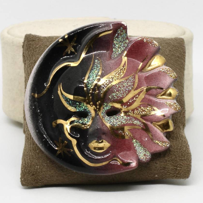 Vintage Brosche Theatermaske Maske Keramik gebrannt Bunt mit Goldbemalung Wuchtig Geschenk Damen