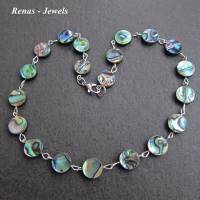 Abalone Paua Perlmutt Muschel Kette Regenbogen Farben Perlen rund Perlmuttkette handgefertigt Bild 4