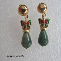Edelstein Ohrstecker Moosachat Achat grün Tropfen Perlen Ohrringe Schmetterlinge goldfarben Ohrhänger Bild 1