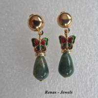 Edelstein Ohrstecker Moosachat Achat grün Tropfen Perlen Ohrringe Schmetterlinge goldfarben Ohrhänger Bild 3