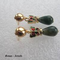 Edelstein Ohrstecker Moosachat Achat grün Tropfen Perlen Ohrringe Schmetterlinge goldfarben Ohrhänger Bild 4