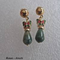 Edelstein Ohrstecker Moosachat Achat grün Tropfen Perlen Ohrringe Schmetterlinge goldfarben Ohrhänger Bild 5