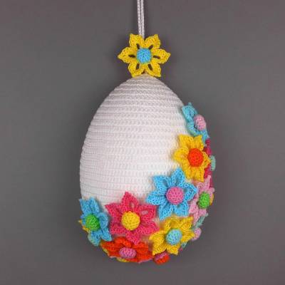 Häkelanleitung Türdeko großes Osterei mit bunten Blumen - einfach aus Wollresten