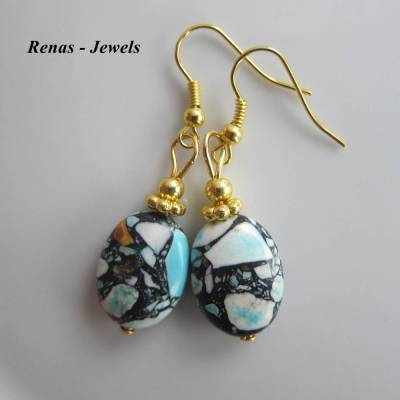 Türkis Edelstein Ohrhänger – Ovale marmorierte Perlen in Blau, Weiß & Schwarz, goldfarben, handgefertigte Ohrringe