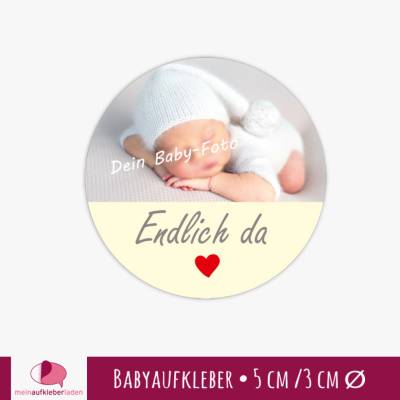 Babyaufkleber zur Geburt | Endlich da - Herz - personalisierbar mit Babyfoto