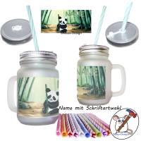 Henkelglas Panda mit Name / Mason Jar Sommerglas mit Deckel und Mehrweg-Trinkhalm Bild 2