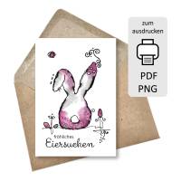 Osterkarten zum Ausdrucken "Fröhliches Eiersuchen" Karten Ostern Osterhase hellblau, DIY digital download PNG PD Bild 1