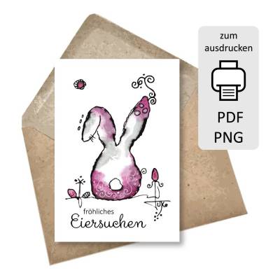 Osterkarten zum Ausdrucken "Fröhliches Eiersuchen" Karten Ostern Osterhase hellblau, DIY digital download PNG PD