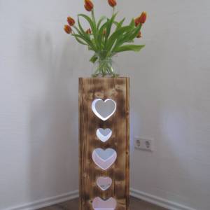 Dekosäule Blumensäule aus Holz geflammt Herzen und Led Lampe Beleuchtung Fernbedienung Bild 1