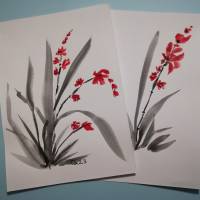Kunstkarten, Set aus 2 Postkarten, Sumi-e Set2, Orchideen Rot Bild 1
