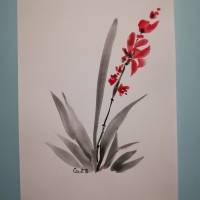 Kunstkarten, Set aus 2 Postkarten, Sumi-e Set2, Orchideen Rot Bild 3