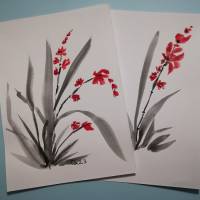 Kunstkarten, Set aus 2 Postkarten, Sumi-e Set2, Orchideen Rot Bild 4