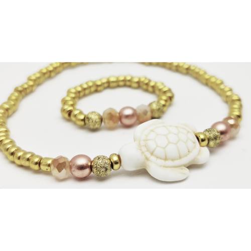 Schmuckset: Armband und Fingerring, Symbol Schildkröte mit Gold und Rosègold Perlen