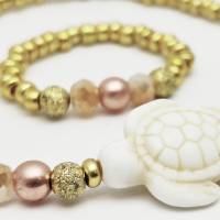 Schmuckset: Armband und Fingerring, Symbol Schildkröte mit Gold und Rosègold Perlen Bild 1