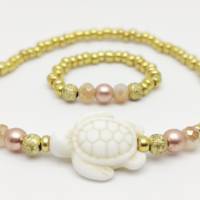 Schmuckset: Armband und Fingerring, Symbol Schildkröte mit Gold und Rosègold Perlen Bild 2