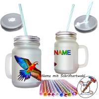 Henkelglas Papagei mit Name / Mason Jar Sommerglas mit Deckel und Mehrweg-Trinkhalm Bild 2