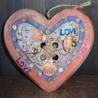 Geschenk Valentinstag LOVE abstrakt maritim gestaltetes Herz aus Holz mit Acrylfarbe im Shabby-Stil bemalt Bild 1