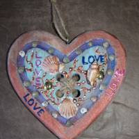 Geschenk Valentinstag LOVE abstrakt maritim gestaltetes Herz aus Holz mit Acrylfarbe im Shabby-Stil bemalt Bild 2