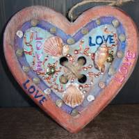 Geschenk Valentinstag LOVE abstrakt maritim gestaltetes Herz aus Holz mit Acrylfarbe im Shabby-Stil bemalt Bild 5