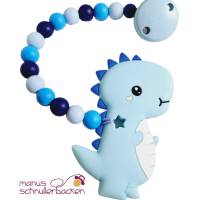Silikon Beißringkette "Dino" ohne Namen in Babyblau, Dunkelbau, Mittelblau Bild 1