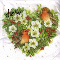20 Lunchservietten Birds Heart, florales Herz mit Rotkehlchen und Christrosen, von Atelier Bild 1