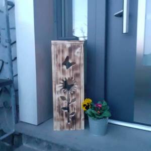 Deko Laterne Säule Holz mit Solar LED Beleuchtung für Balkon, Terrasse, Garten oder vor der Haustüre Sonnenblume Schmett Bild 1