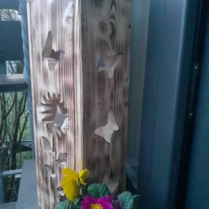 Deko Laterne Säule Holz mit Solar LED Beleuchtung für Balkon, Terrasse, Garten oder vor der Haustüre Sonnenblume Schmett Bild 2