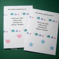 Glückwunschkarte zur Geburt oder Taufe, Klappkarte mit Kuvert, "Herzlichen Glückwunsch", Elefanten, Sterne, Herz