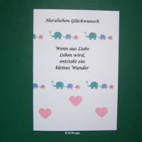 Glückwunschkarte zur Geburt oder Taufe, Klappkarte mit Kuvert, "Herzlichen Glückwunsch", Elefanten, Sterne, Herz Bild 2