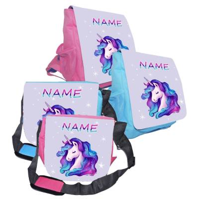 Kindergarten Rucksack oder Tasche Motiv Galaxy Einhorn mit Name / personalisierbar / Blau / Rosa