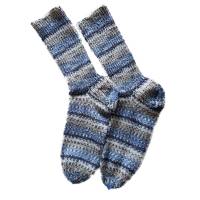blau grau gestreifte handgestrickte Wollsocken, 38/39 unisex, Yogasocken, Bild 1