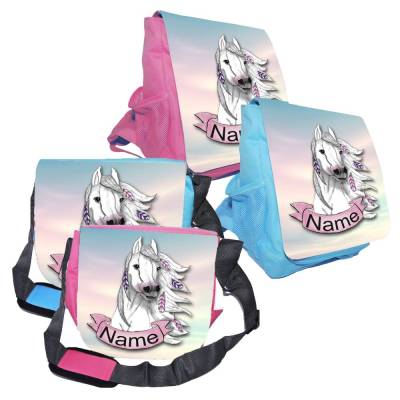 Kindergarten Rucksack oder Tasche Motiv Pferd mit Name / personalisierbar / Blau / Rosa