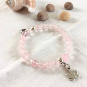 Zartes Edelstein Armband, Rosenquarz Armband, Perlenarmband in rosa Silber mit Lotus Anhänger als Geschenk für Frauen, Y Bild 1